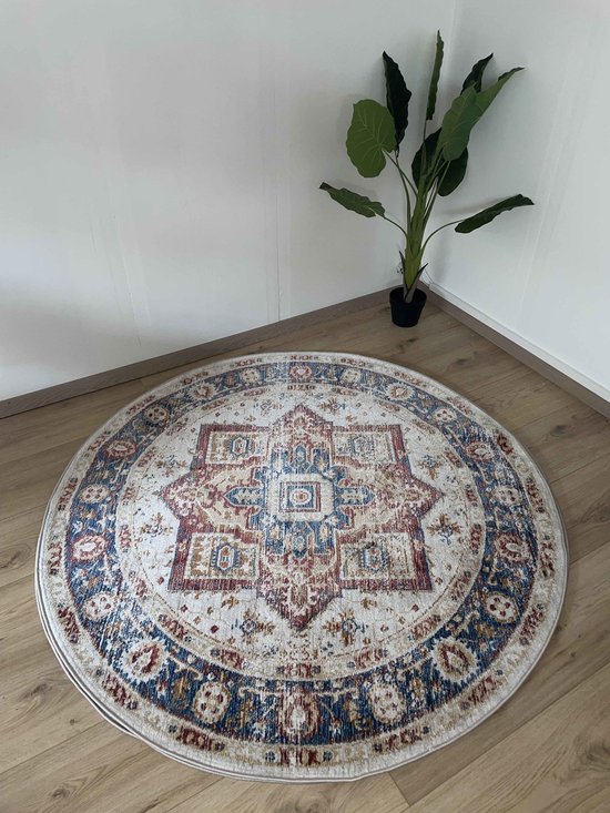 Tapis Plat Vintage Garden Picasso à Poils Ras Crème Multi - 200 CM ROND