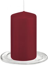 Trend Candles - Stompkaarsen met glazen onderzetters set van 2x stuks bordeaux rood 6 x 12 cm
