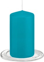 Trend Candles - Stompkaarsen met glazen onderzetters set van 2x stuks Turquoise blauw  6 x 12 cm