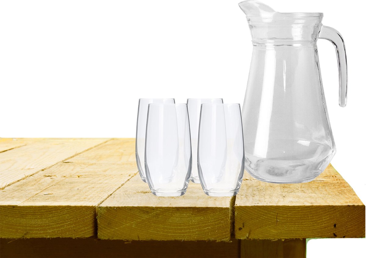 Excellent Houseware water karaf schenkkan glas 1000 ml met 4x drinkglazen 360 ml
