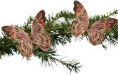 Kerstboom vlinders op clip - 18 cm - 2x stuks - bruin glitter - kunststof
