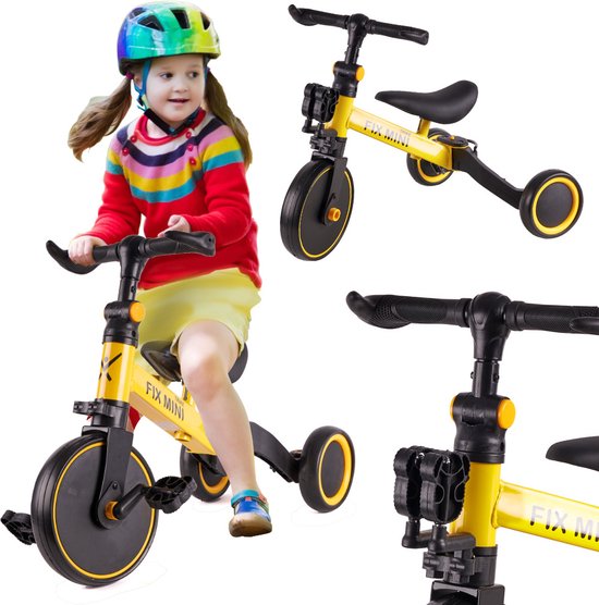 Fix Mini 3 in 1 driewieler trike met pedalen - tot 30kg - van 1,5 - 4 jaar oud - geel  zwart - loopfiets - goed voor de ontwikkeling - aluminium frame