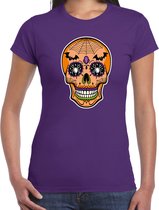 Day of the dead skelet gezicht halloween verkleed t-shirt paars voor dames M