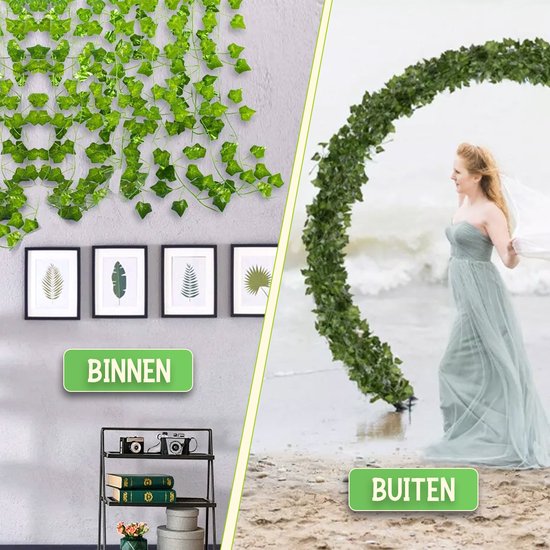 Illustratie van binnen decoratie met kunstmatige klimop slingers en een bruid op het strand.