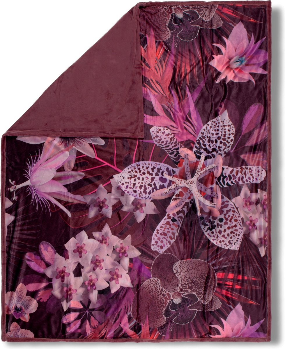 Bordeaux Bloemenprint Plaid 130x160 cm - Luxe Polyester Dekentje - Voor Slaapkamer of Woonkamer