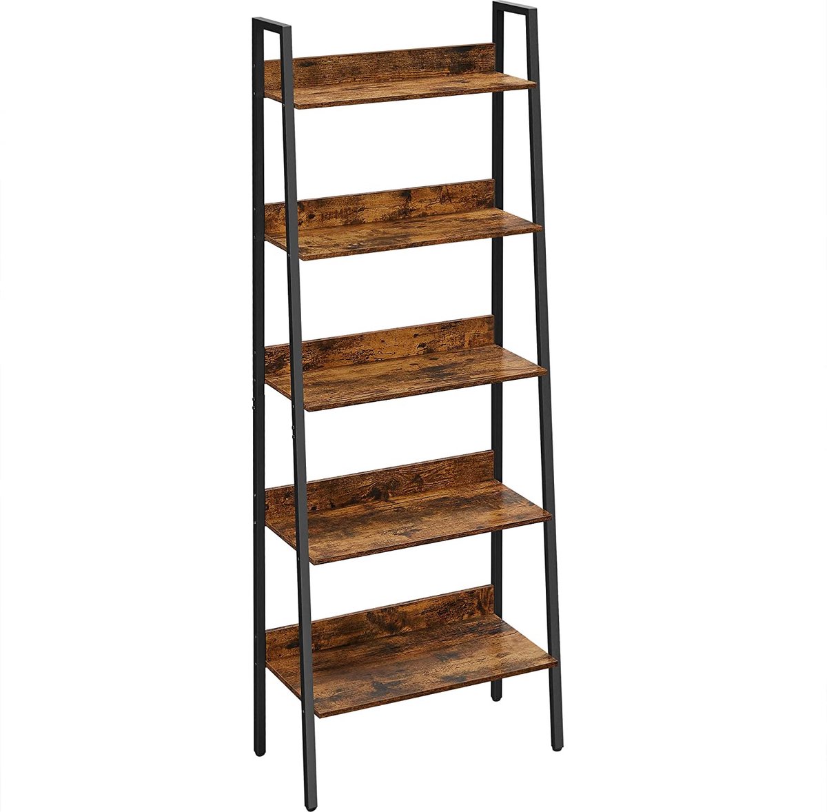 LIVINGSIGNS boekenkast, ladderplank met 5 planken, open, staande plank, smal, voor woonkamer, slaapkamer, keuken, kantoor, metalen frame, industrieel design, vintage bruin-zwart LLS067B01
