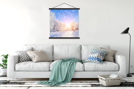 Porte-affiche avec affiche - Affiche scolaire - Neige - Soleil - Hiver - 90x90 cm - Lattes noires
