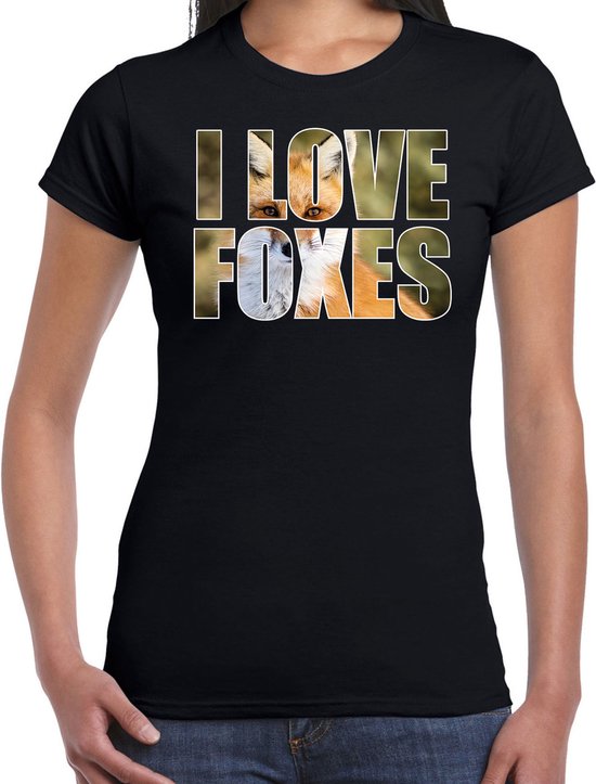 Tekst shirt I love foxes met dieren foto van een vos zwart voor dames - cadeau t-shirt vossen liefhebber XL