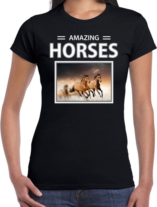 Dieren foto t-shirt bruin paard - zwart - dames - amazing horses - cadeau shirt bruine paarden liefhebber M
