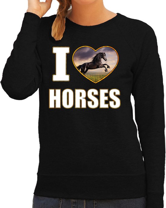 I love horses trui met dieren foto van een zwart paard zwart voor dames - cadeau sweater paarden liefhebber L