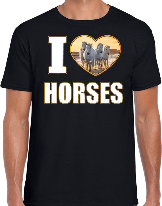 T-shirt j'aime les chevaux avec des animaux photo d'un cheval blanc noir pour homme - chemise cadeau amoureux des chevaux L