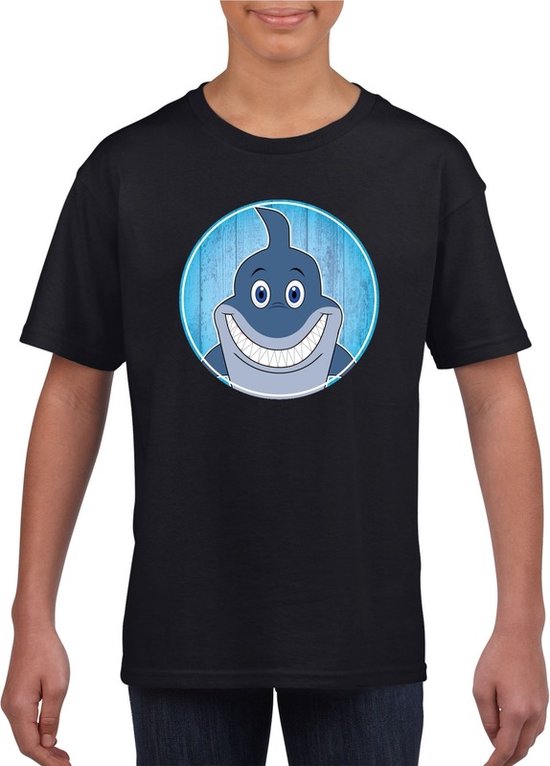Kinder t-shirt zwart met vrolijke haai print - haaien shirt - kinderkleding / kleding 122/128