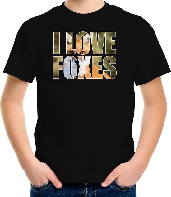 Tekst shirt I love foxes met dieren foto van een vos zwart voor kinderen - cadeau t-shirt vossen liefhebber - kinderkleding / kleding 122/128