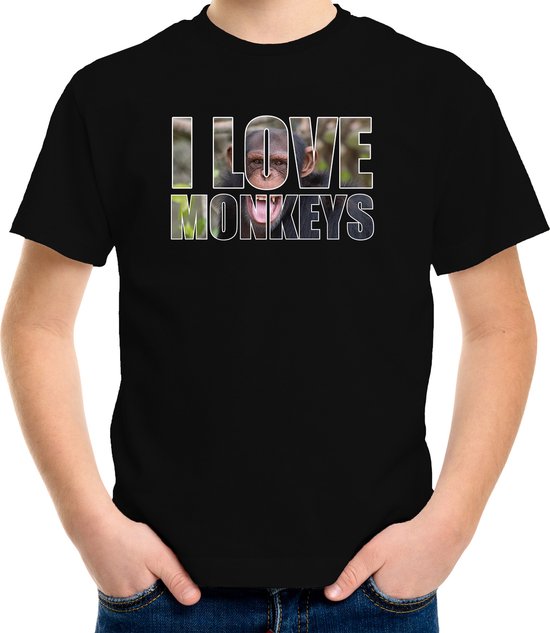 Tekst shirt I love chimpanzee monkeys met dieren foto van een chimpansee aap zwart voor kinderen - cadeau t-shirt apen liefhebber - kinderkleding / kleding 146/152