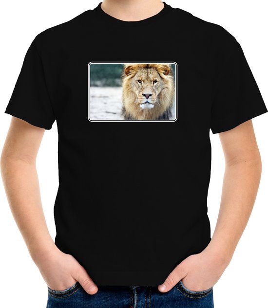 Dieren shirt met leeuwen foto - zwart - voor kinderen - Afrikaanse dieren/ leeuw cadeau t-shirt 158/164