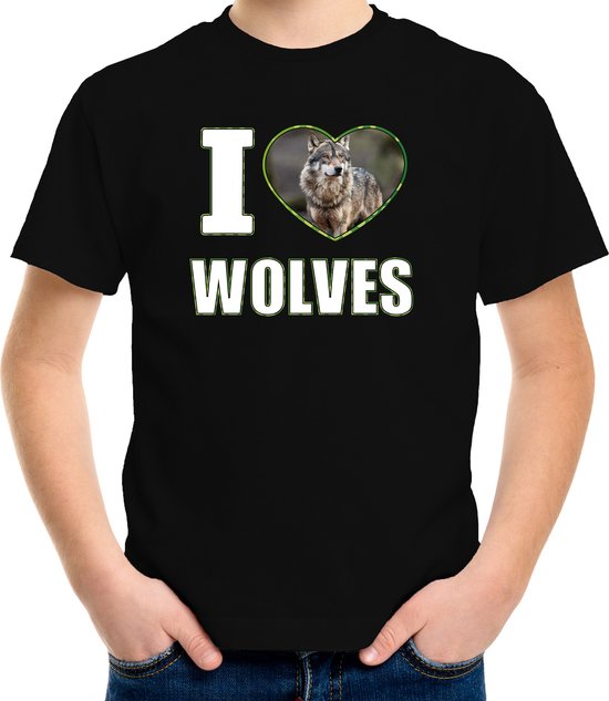 I love wolves t-shirt met dieren foto van een wolf zwart voor kinderen - cadeau shirt wolven liefhebber - kinderkleding / kleding 122/128