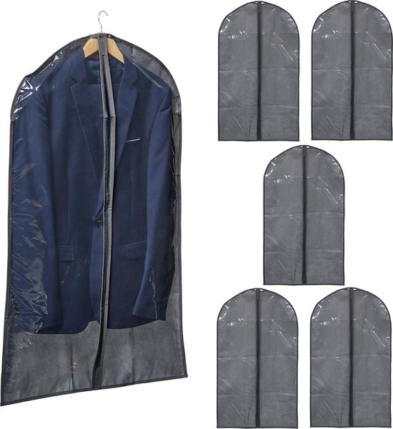 Relaxdays kledinghoes set van 6 - 100 x 60 cm - kledingzak - met rits -  grijs/transparant | bol