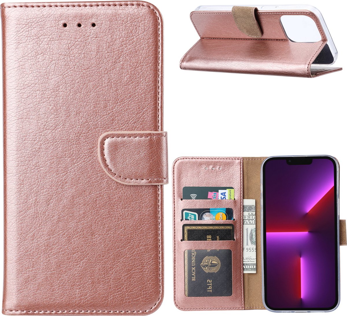 Hoesje Geschikt voor iPhone 14 Pro portemonnee Bookcase – Rosegoud