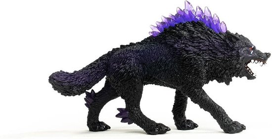 Zwarte wolf met paarse kristallen op rug en staart, rode ogen en open bek.