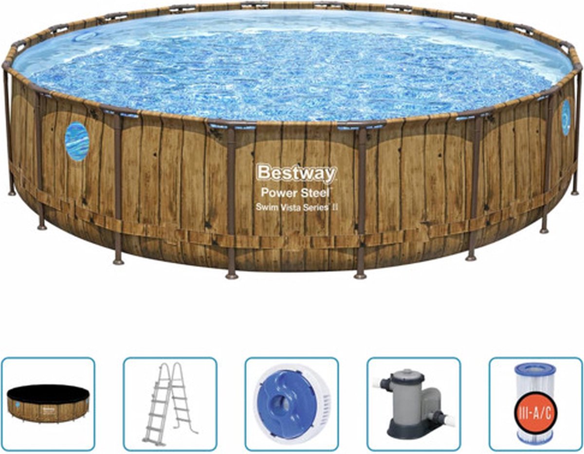 Bestway - Power Steel Swim Vista - Opzetzwembad inclusief filterpomp en accessoires - 549x122 cm - Houtprint - Rond — afbeelding 20
