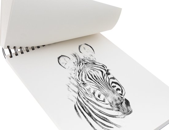 Een schetsblok met een gedetailleerde potloodtekening van een zebrahoofd.