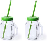 2x pcs Verres Mason Jar tasses à boire bouchon vert et paille 500 ml - scellable / non étanche / fruits secoue