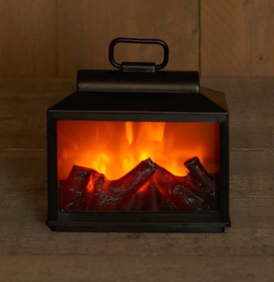Lanterne cheminée décorative noire avec flammes LED et bûches.