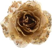 6x Gouden glitter roos met clip = Kerst decoratie gouden glitter roos 6 stuks - Gouden decoratiebloemen/kerstversiering