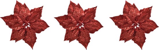 4x stuks decoratie bloemen kerststerren rood glitter op clip 23 cm - Decoratiebloemen/kerstboomversiering/kerstversiering