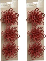 6x stuks decoratie bloemen rood glitter op clip 11 cm - Decoratiebloemen/kerstboomversiering/kerstversiering