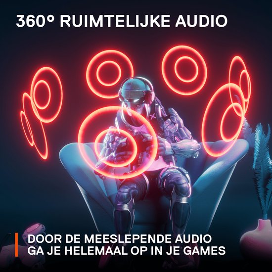 Futuristische figuur in stoel met neon cirkels, 360° ruimtelijke audio.