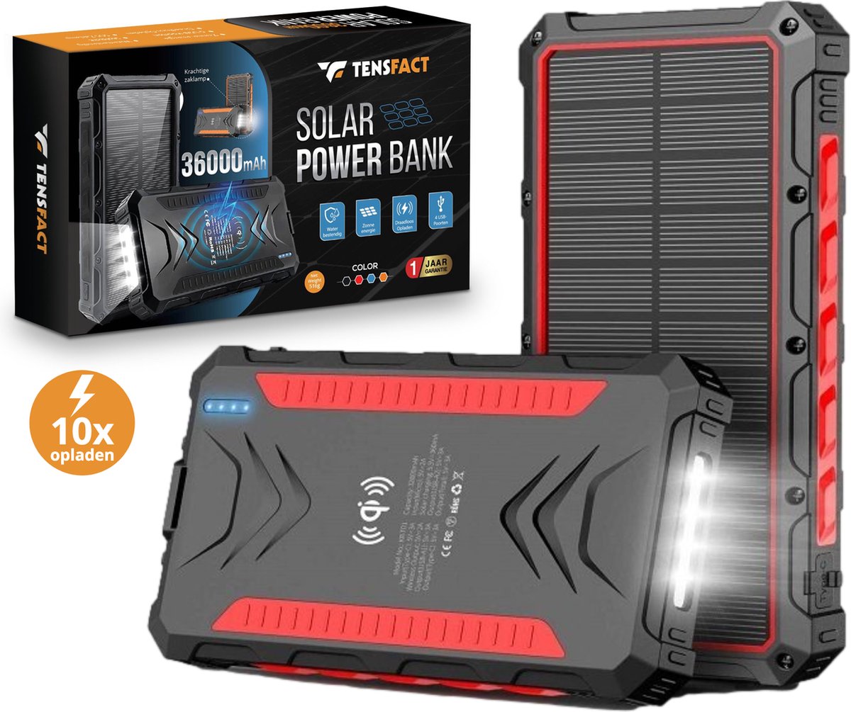 Tensfact® Solar Powerbank 36000 mAh Wireless Charger - Snellader Iphone Samsung - USB & USB-C - Rood