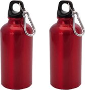 2x Stuks aluminium waterfles/drinkfles rood met schroefdop en karabijnhaak 400 ml - Sportfles - Bidon
