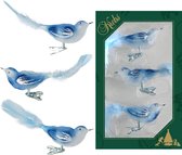 9x stuks luxe glazen decoratie vogels op clip blauw 11 cm - Decoratievogeltjes - Kerstboomversiering
