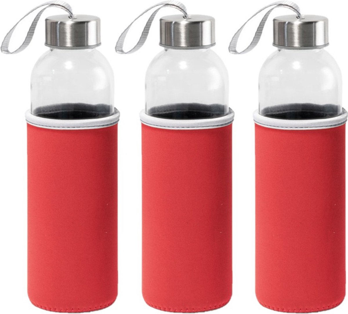 3x Stuks glazen waterfles/drinkfles met rode softshell bescherm hoes 520 ml - Sportfles - Bidon