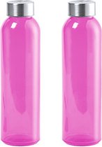 2x Stuks glazen waterfles/drinkfles fuchsia roze transparant met Rvs dop 550 ml - Sportfles - Bidon