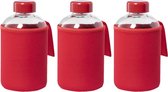 3x Stuks glazen waterfles/drinkfles met rode softshell bescherm hoes 600 ml - Sportfles - Bidon
