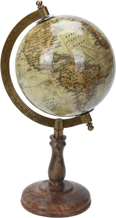 Foto: Decoratie wereldbol globe beige op mangohouten voet standaard 13 x 28 cm landen contintenten topografie