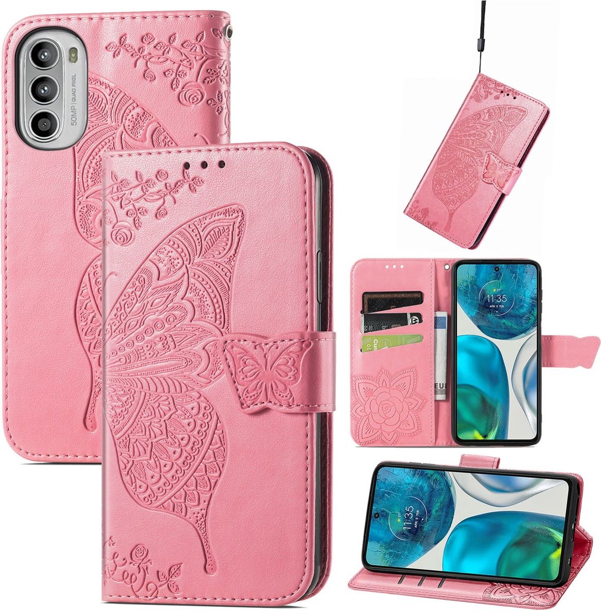 Mobigear Telefoonhoesje geschikt voor Motorola Moto G82 Hoesje | Mobigear Butterfly Bookcase Portemonnee | Pasjeshouder voor 3 Pasjes | Telefoonhoesje voor Pinpas / OV Kaart / Rijbewijs - Roze