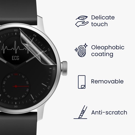 Een screenprotector wordt op een zwart display van een smartwatch aangebracht. Kenmerken: delicate touch, oleofobe coating, verwijderbaar, anti-kras.