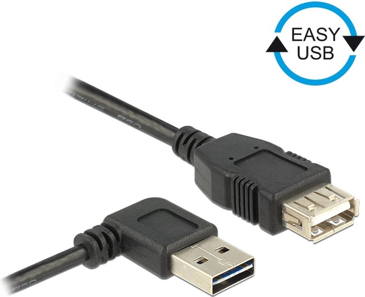 Easy-USB-A haaks (links/rechts) naar USB-A verlengkabel - USB2.0 - tot 2A / zwart - 0,50 meter