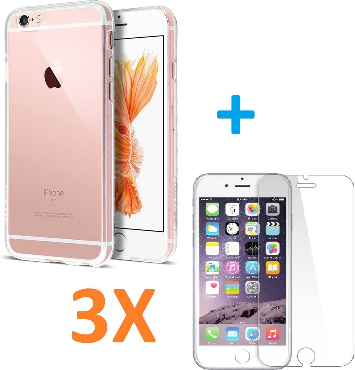 Soft TPU Transparant hoesje Silicone Case + 3 stuks Glas Screenprotector - Geschikt voor: Apple iPhone 6 / 6S