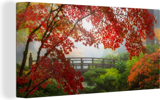 Canvas schilderij - Japans - Brug - Japanse esdoorn - Bomen - Natuur - Schilderijen op canvas - Canvas doek - 80x40 cm - Muurdecoratie