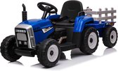 Tractor blauw, kinderauto 12 volt met aanhanger