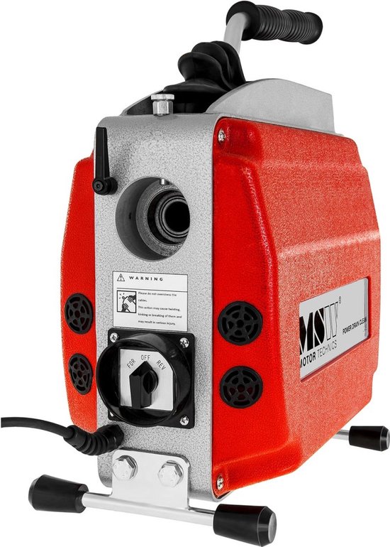Rode en zilveren pijpenreinigingsmachine met handvat, aan/uit/reverse schakelaar en ventilatieopeningen.
