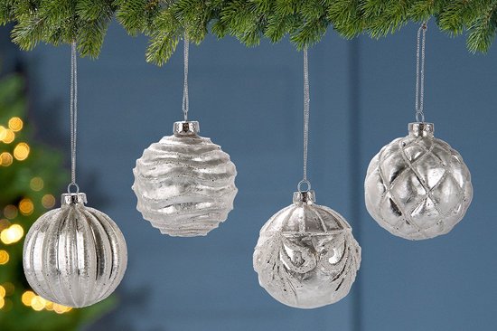 Set van 24 glazen kerstballen in antiek zilver kleur met motieven -  Kerstversiering -... | bol.com