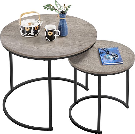 FURNIBELLA - table basse, ensemble de 2, table de salon, table d'appoint ronde avec structure en métal, table basse moderne, tables à manger pour salon, bois gris