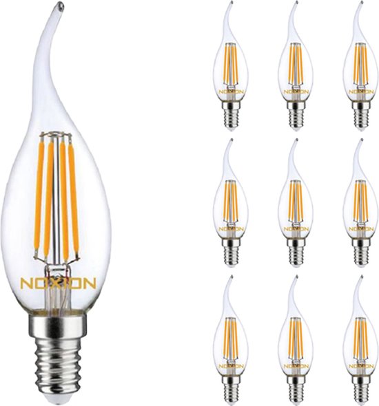 Voordeelpak 10x Noxion Lucent LED E14 Gebogen-tip Kaars Filament Helder 4.5W 470lm - 827 Zeer Warm Wit | Dimbaar - Vervangt 40W.