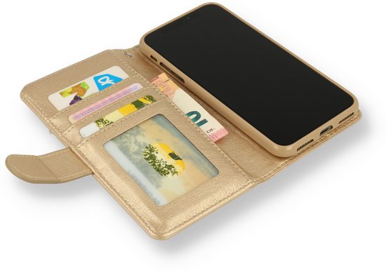 Gouden glitter portemonnee hoesje met telefoon, bankbiljetten en creditcards.