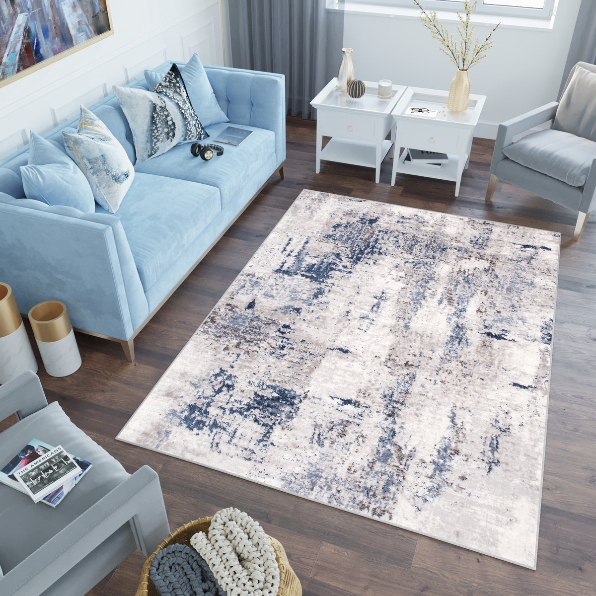 Tapiso Sky Vloerkleed Grijs Blauw Vintage Slaapkamer Tapijt, foto 3